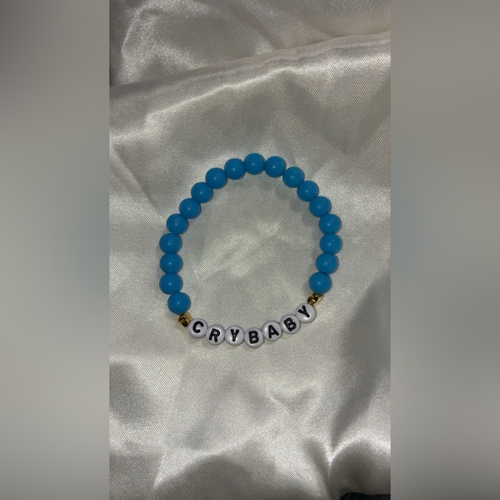 Blue Beaded 'CRYBABY' Bracelet with Gold Accents